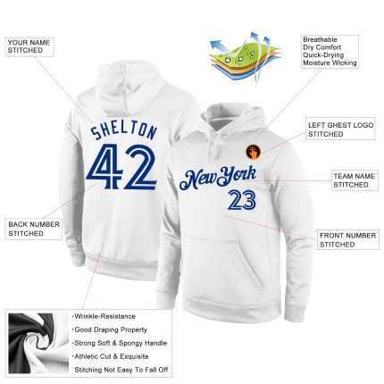 Custom Name Number Sports Hoodie Sweatshirt White-Royal Stitched Pullover Personalized Team Apparel Personalized Stitched