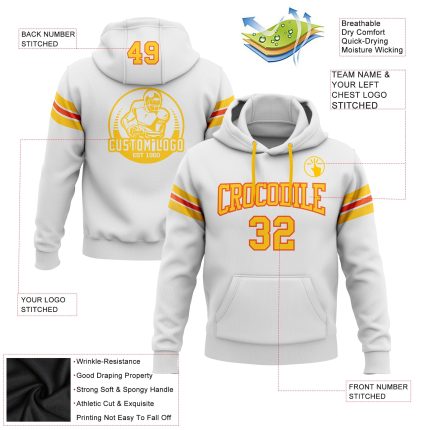 Custom Name Number Football Hoodie Stitched White Yellow-Orange Pullover Sweatshirt - Personalized Team Apparel Personalized