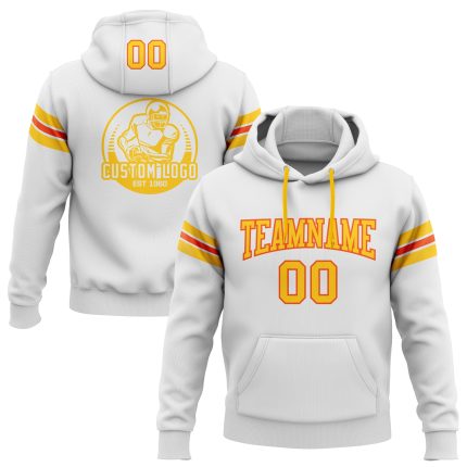Custom Name Number Football Hoodie Stitched White Yellow-Orange Pullover Sweatshirt - Personalized Team Apparel Personalized