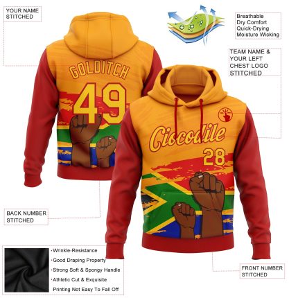 Custom Black History Month Hoodie - Personalized Stitched 3D Pattern Sweatshirt with Team Name and Number, Yellow-Red Design