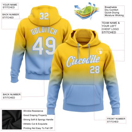 Custom Name Number Hoodie Pullover Sweatshirt - Personalized Yellow White Light Blue Fade Fashion Sports Team Apparel Personalized