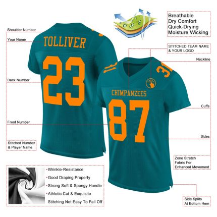 Custom Name and Number Personalized Teal Bay Orange Football Jersey - Authentic Mesh Team Apparel Personalized Teal Bay Orange
