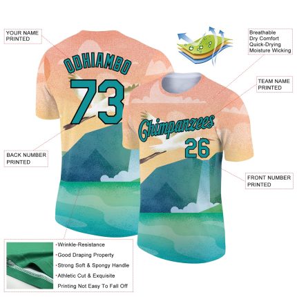 Custom Name Number Animal Crane Performance T-Shirt 3D Pattern Teal Black Design Personalized Teal Black 3D Pattern Design