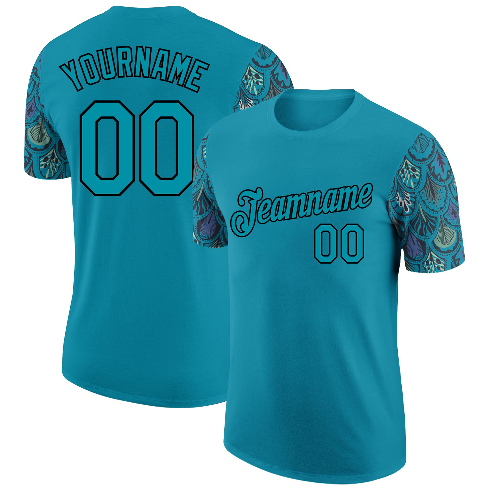 Custom Team Performance T-Shirt with Personalized Name & Number, 3D Teal Black Feather Design Personalized Teal Black 3D