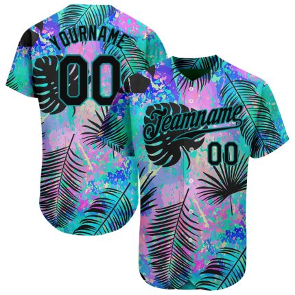 Teal Black 3D Pattern Hawaii Palm Leaves Custom Baseball Jersey with Personalized Name and Number Personalized Teal Black