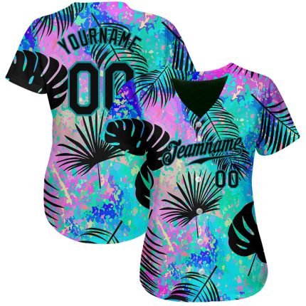 Teal Black 3D Pattern Hawaii Palm Leaves Custom Baseball Jersey with Personalized Name and Number Personalized Teal Black