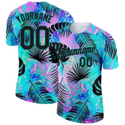 Custom Name & Number Teal Black 3D Hawaii Palm Leaves Performance T-Shirt, Team Apparel Personalized Teal Black 3D Pattern