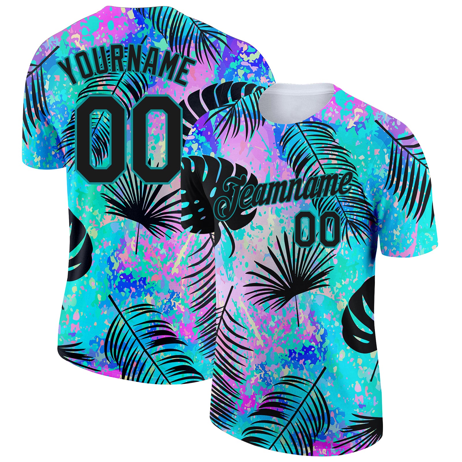 Custom Name & Number Teal Black 3D Hawaii Palm Leaves Performance T-Shirt, Team Apparel Personalized Teal Black 3D Pattern