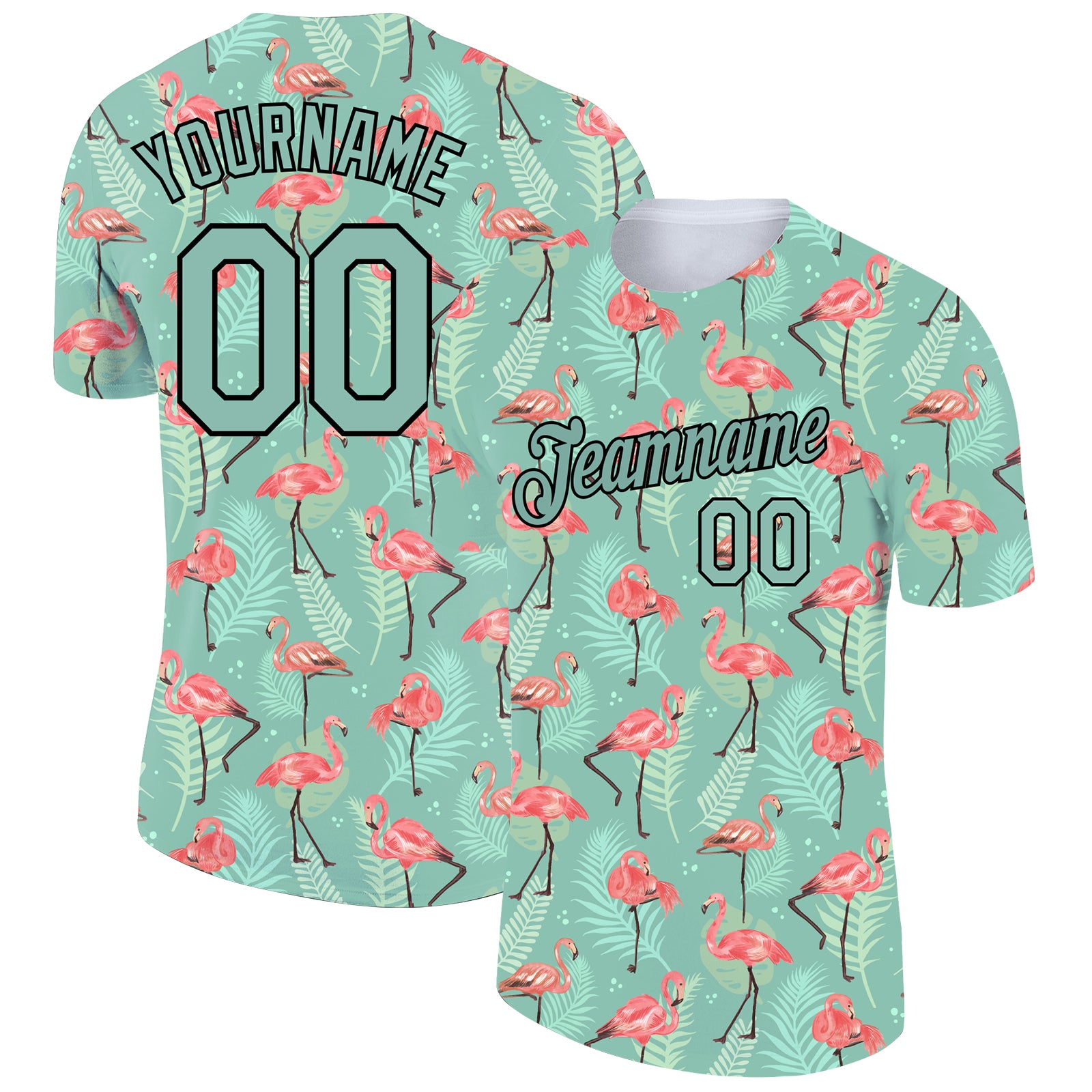 Custom Name and Number Tropical Hawaii Flamingo Performance T-Shirt with Personalized Teal Black 3D Pattern Design Personalized