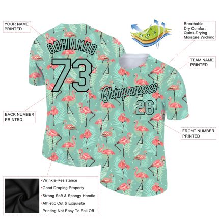 Custom Name and Number Tropical Hawaii Flamingo Performance T-Shirt with Personalized Teal Black 3D Pattern Design Personalized