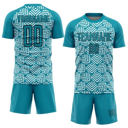 Custom Abstract Teal Black Geometric Soccer Uniform Jersey with Name and Number - Personalized Team Apparel Personalized