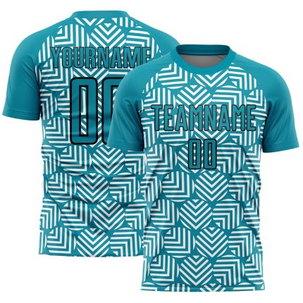 Custom Abstract Teal Black Geometric Soccer Uniform Jersey with Name and Number - Personalized Team Apparel Personalized