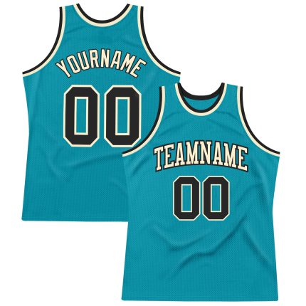 Custom Team Basketball Jersey with Personalized Name and Number, Teal Black Cream Authentic Throwback Design Personalized