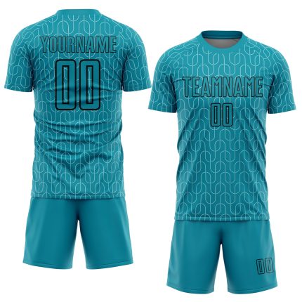 Custom Teal Black Geometric Pattern Soccer Jersey with Personalized Name and Number - Sublimation Team Uniform Personalized