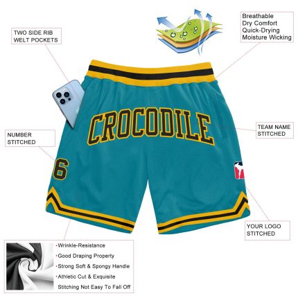 Custom Name Number Basketball Shorts Black Gold Teal Authentic Throwback Design Personalized Teal Black-Gold Authentic Throwback