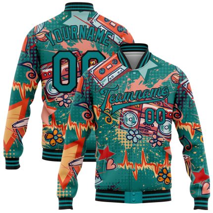 Teal Black Personalized Music Festival Bomber Jacket Custom Name Number 3D Pattern Full-Snap Varsity Letterman Personalized