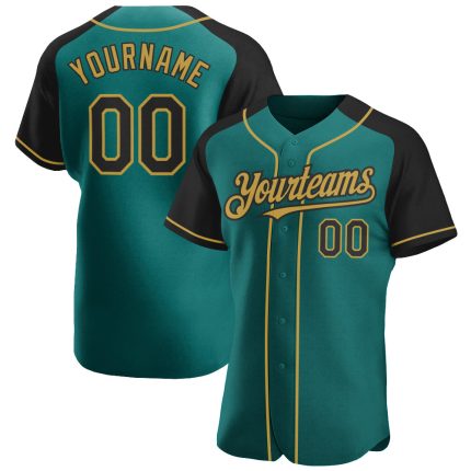 Custom Name & Number Baseball Jersey - Personalized Teal Black-Old Gold Authentic Raglan Sleeves Team Apparel Personalized