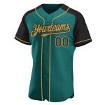 Custom Name & Number Baseball Jersey - Personalized Teal Black-Old Gold Authentic Raglan Sleeves Team Apparel Personalized