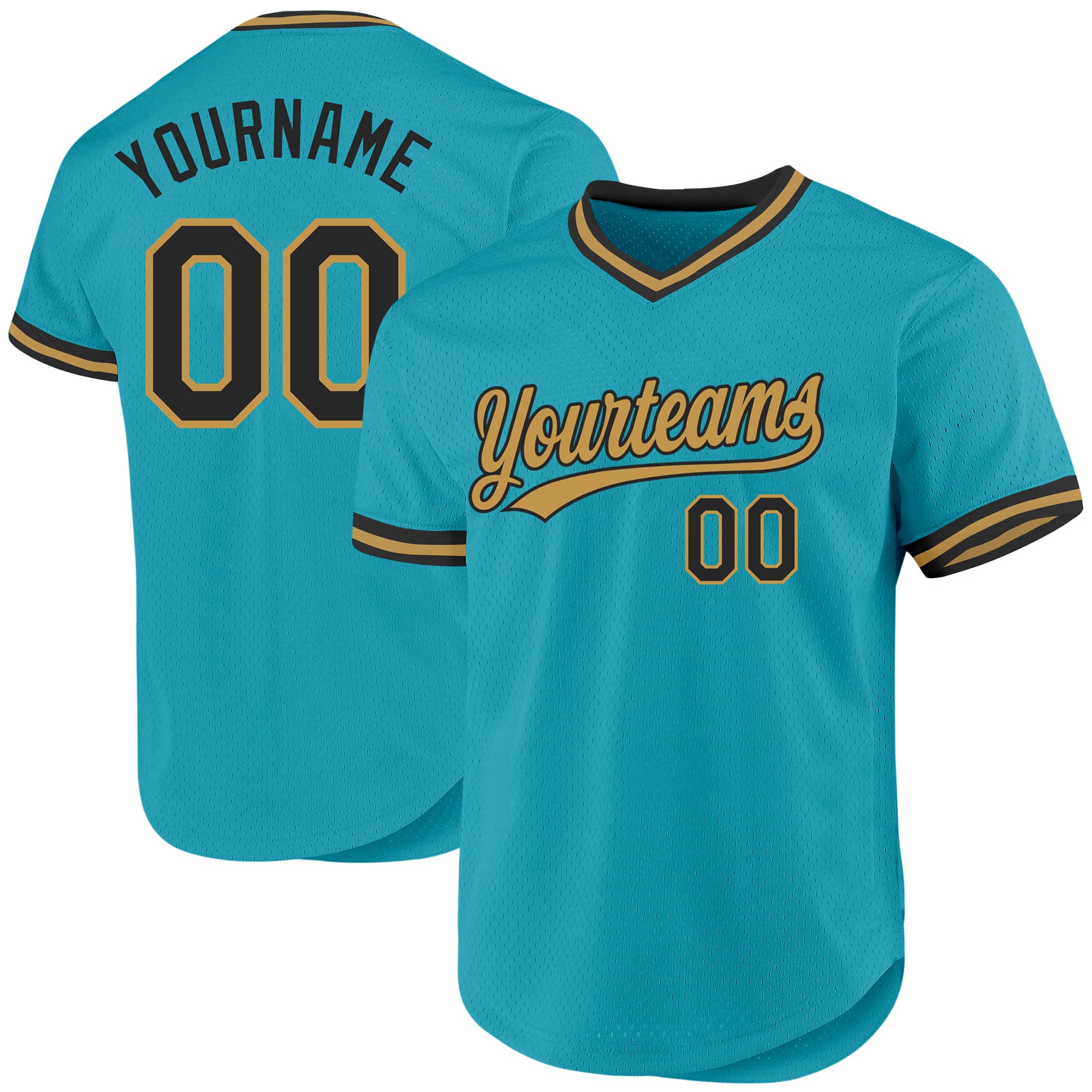 Custom Team Baseball Jersey with Personalized Name and Number, Teal and Black with Old Gold - Authentic Throwback Style Personalized