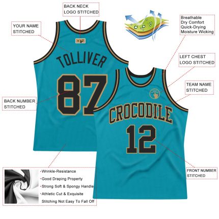 Custom Personalized Basketball Jersey with Name and Number - Teal Black and Old Gold Throwback Style Personalized Teal Black-Old