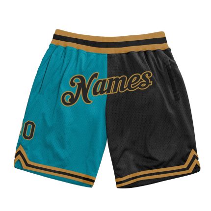 Custom Team Basketball Shorts with Name and Number - Personalized Teal Black and Gold Authentic Throwback Split Fashion Personalized