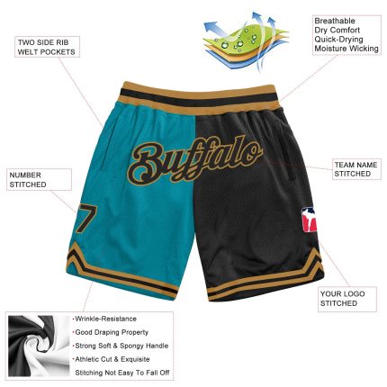 Custom Team Basketball Shorts with Name and Number - Personalized Teal Black and Gold Authentic Throwback Split Fashion Personalized