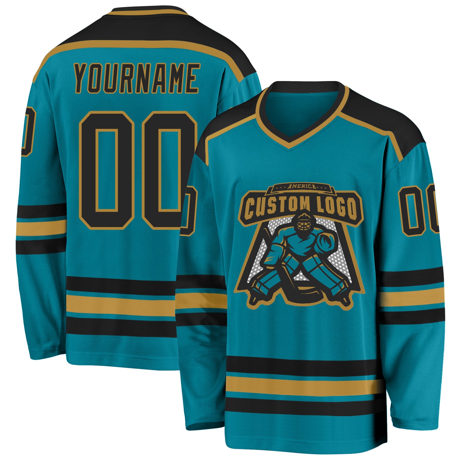 Custom Team Hockey Jersey - Personalized Teal Black Old Gold with Name and Number Personalized Teal Black-Old Gold Hockey
