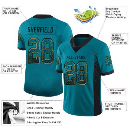 Custom Name & Number Personalized Football Jersey - Teal, Black, Old Gold Mesh Drift Fashion Team Gear Personalized Teal