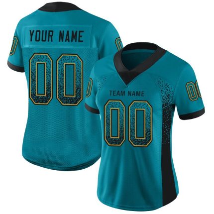Custom Name & Number Personalized Football Jersey - Teal, Black, Old Gold Mesh Drift Fashion Team Gear Personalized Teal