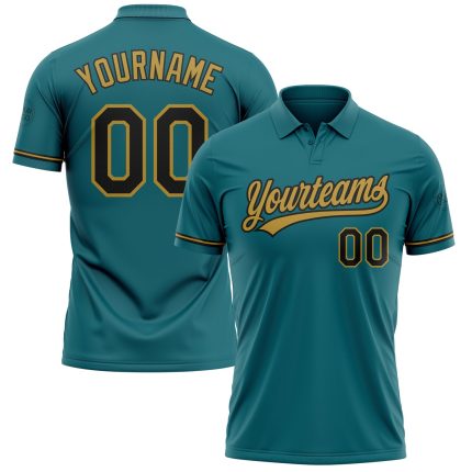 Custom Teal Black Gold Golf Polo Shirt with Personalized Name & Number - Performance Vapor Team Apparel Personalized Teal