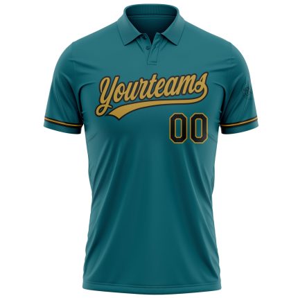 Custom Teal Black Gold Golf Polo Shirt with Personalized Name & Number - Performance Vapor Team Apparel Personalized Teal