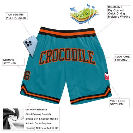 Custom Team Basketball Shorts Personalized with Name and Number, Teal Black-Orange Authentic Throwback Style Personalized
