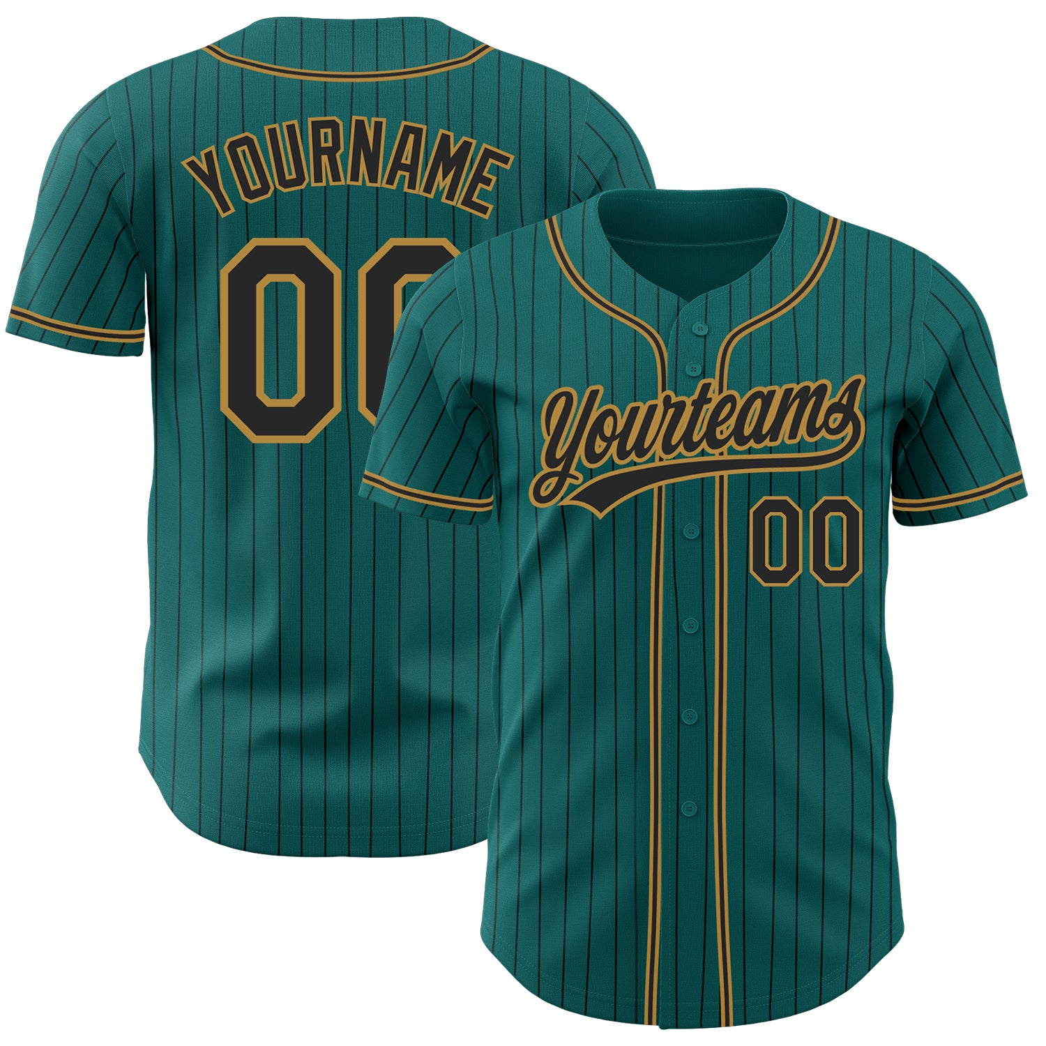 Personalized Black-Old Gold Authentic Baseball Jersey with Teal Pinstripe Design Personalized Teal Black Pinstripe Black-Old