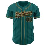 Personalized Black-Old Gold Authentic Baseball Jersey with Teal Pinstripe Design Personalized Teal Black Pinstripe Black-Old