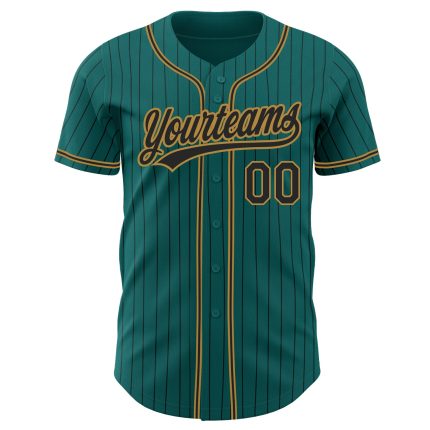 Personalized Black-Old Gold Authentic Baseball Jersey with Teal Pinstripe Design Personalized Teal Black Pinstripe Black-Old