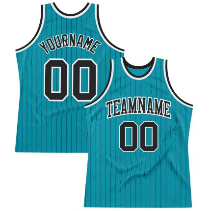 Custom Name Number Basketball Jersey - Authentic Teal Black White Pinstripe Design Personalized Teal Black Pinstripe Black-White