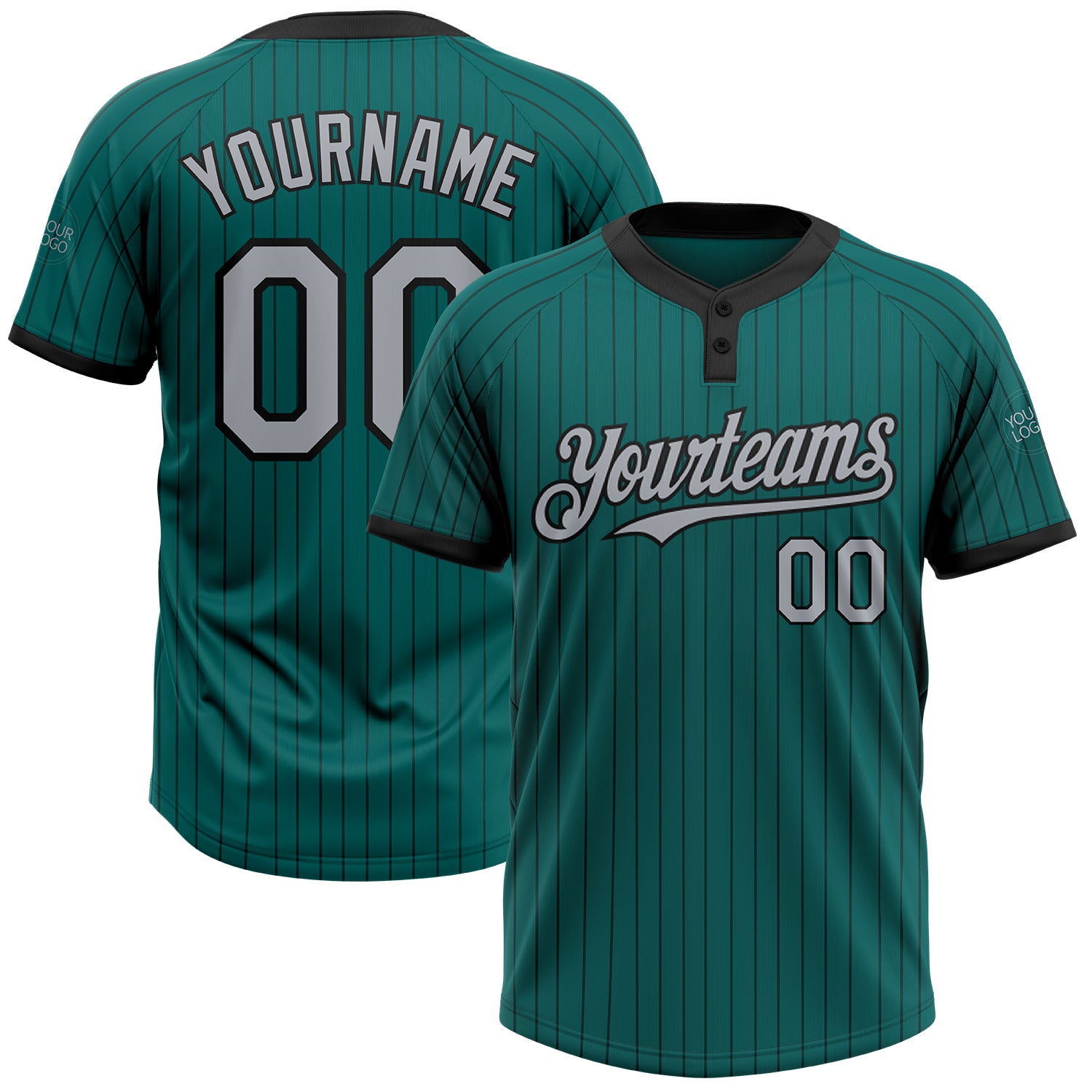 Custom Team Name Number Jersey - Unisex Softball, Personalized Teal Black Pinstripe Gray Two-Button Design Personalized Teal