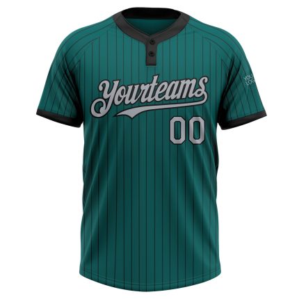 Custom Team Name Number Jersey - Unisex Softball, Personalized Teal Black Pinstripe Gray Two-Button Design Personalized Teal