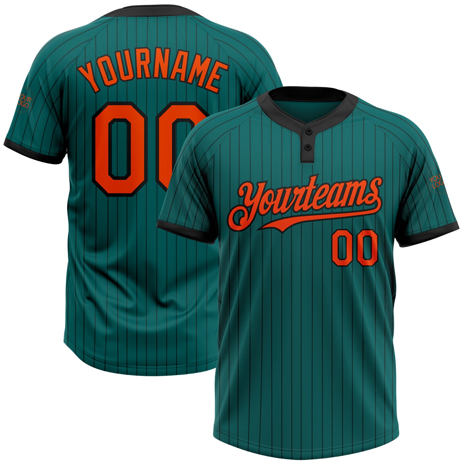 Custom Team Name and Number Unisex Softball Jersey - Teal Black Pinstripe Two-Button Design Personalized Teal Black Pinstripe