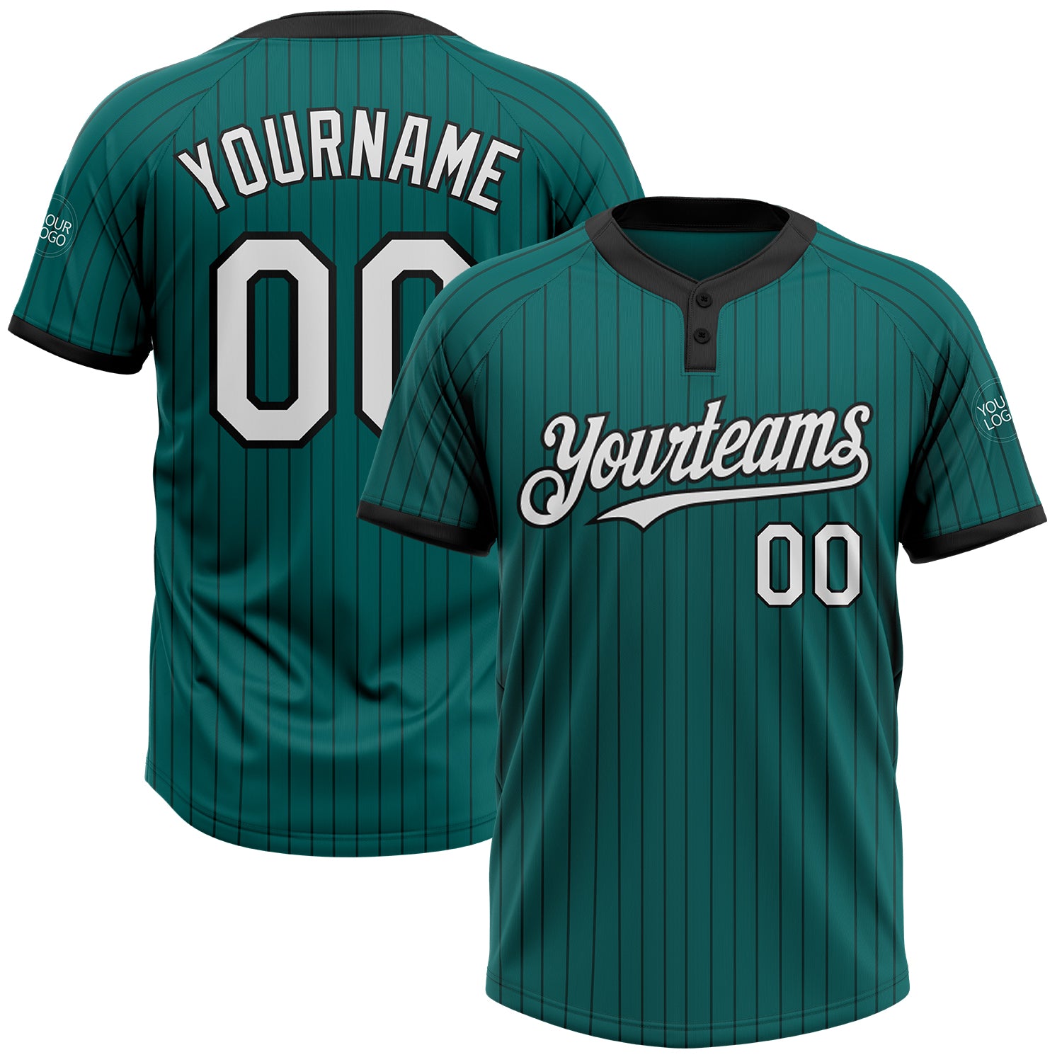 Custom Team Name and Number Unisex Softball Jersey - Personalized Teal Black Pinstripe Two-Button Design Personalized Teal