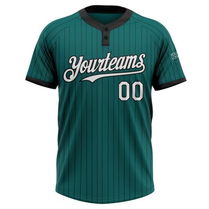 Custom Team Name and Number Unisex Softball Jersey - Personalized Teal Black Pinstripe Two-Button Design Personalized Teal
