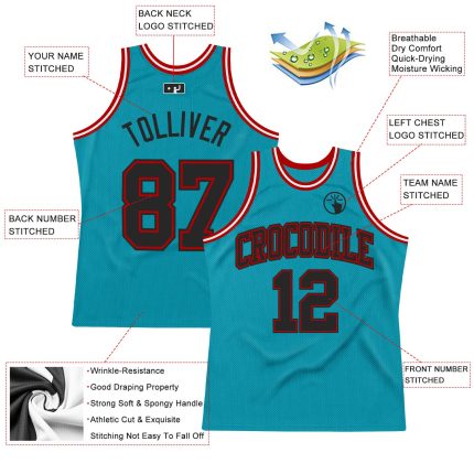 Custom Basketball Jersey with Team Name and Number - Personalized Teal Black-Red Authentic Throwback Style Personalized Teal