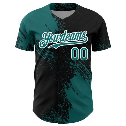 Custom Name and Number Authentic Baseball Jersey with Teal Black-White 3D Abstract Brush Stroke Design Personalized Teal