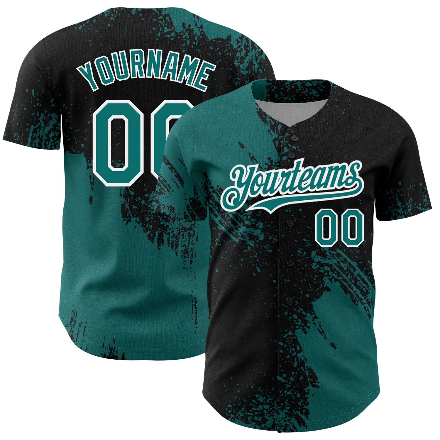 Custom Name and Number Authentic Baseball Jersey with Teal Black-White 3D Abstract Brush Stroke Design Personalized Teal