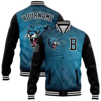 Custom Team Name Number Bomber Jacket - Personalized Teal Black White 3D Pattern Full-Snap Varsity Letterman Personalized
