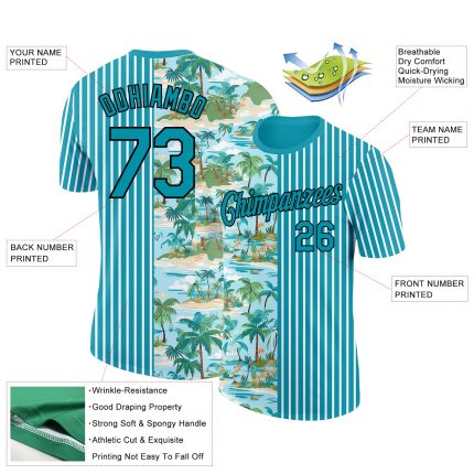 Custom Team Name and Number Tropical Hawaii Beach Performance T-Shirt - Teal Black-White 3D Palm Trees Design Personalized