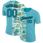 Custom Team Name and Number Tropical Hawaii Beach Performance T-Shirt - Teal Black-White 3D Palm Trees Design Personalized