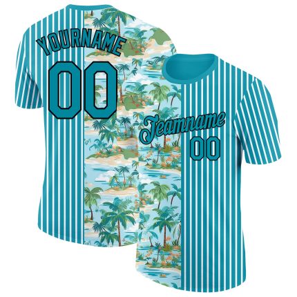 Custom Team Name and Number Tropical Hawaii Beach Performance T-Shirt - Teal Black-White 3D Palm Trees Design Personalized