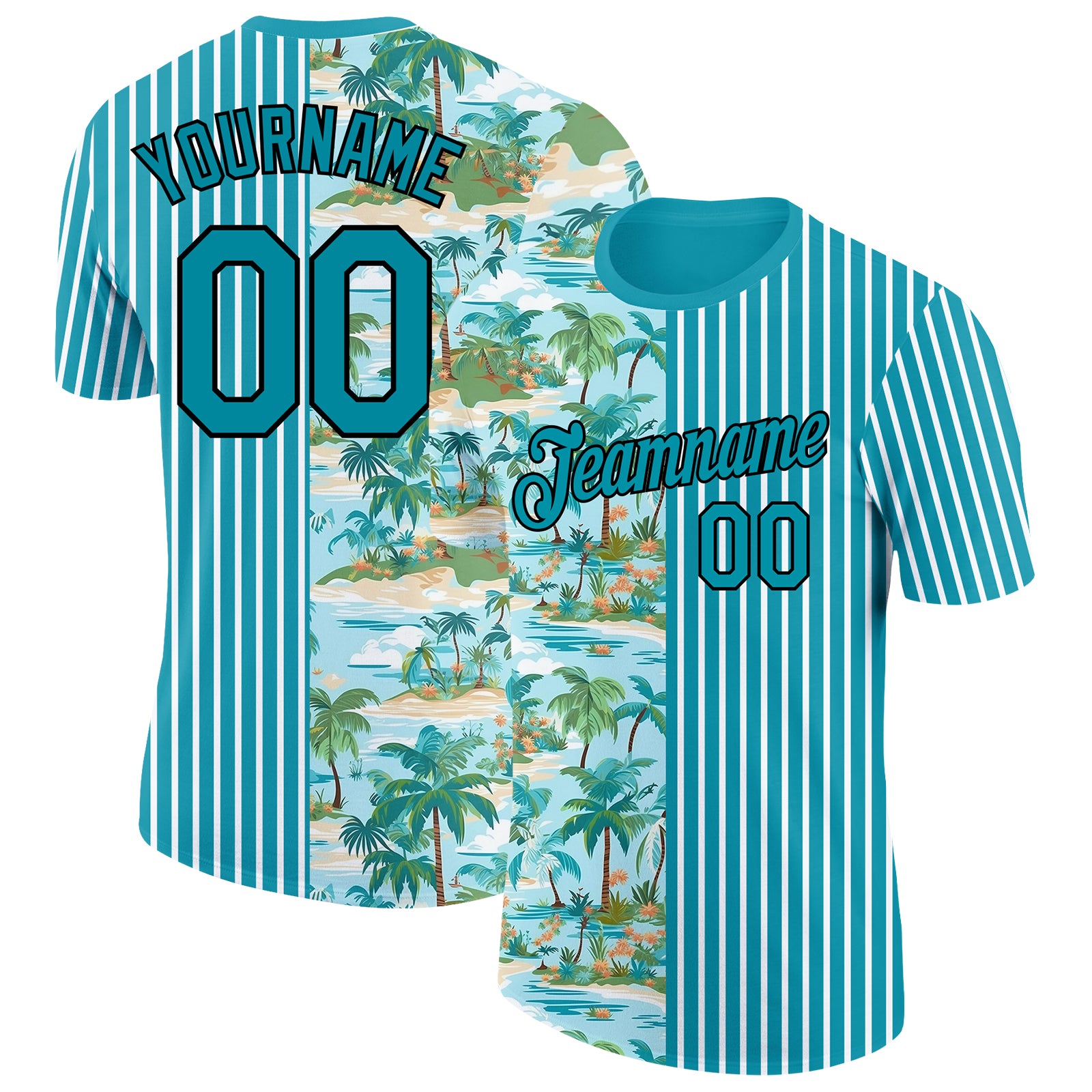 Custom Team Name and Number Tropical Hawaii Beach Performance T-Shirt - Teal Black-White 3D Palm Trees Design Personalized