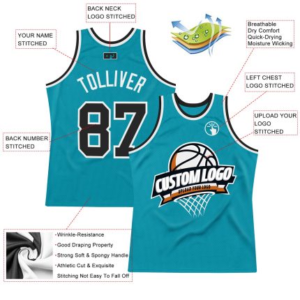 Personalized Authentic Basketball Jersey - Teal Black White Throwback Design Personalized Teal Black-White Authentic Throwback